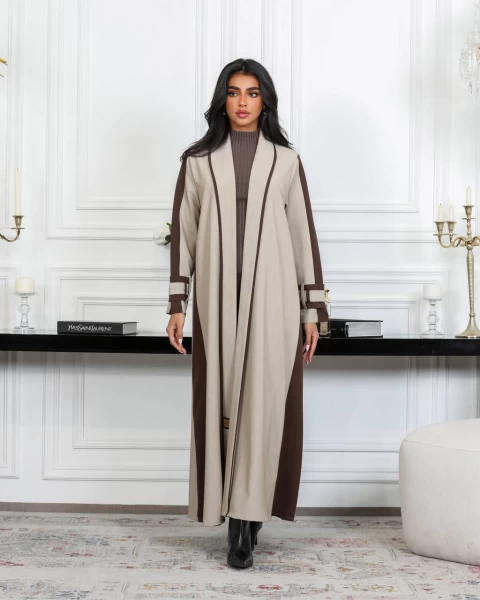 Beige Crepe Abaya with Brown Inlays IB262